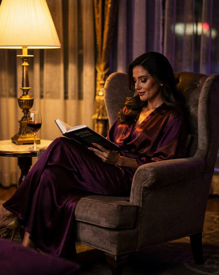 Woman reading in an armchair with wine, evening solitude ritual