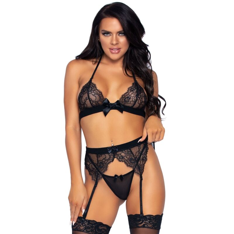 LEG AVENUE - DREITEILIGES SET TOP, STRUMPFHALTER UND STRING-TANGAS L