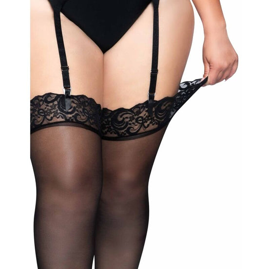 LEG AVENUE - OUTLET - SCHWARZE NYLONSTRÜMPFE MIT SPITZENBORDÜRE PLUS