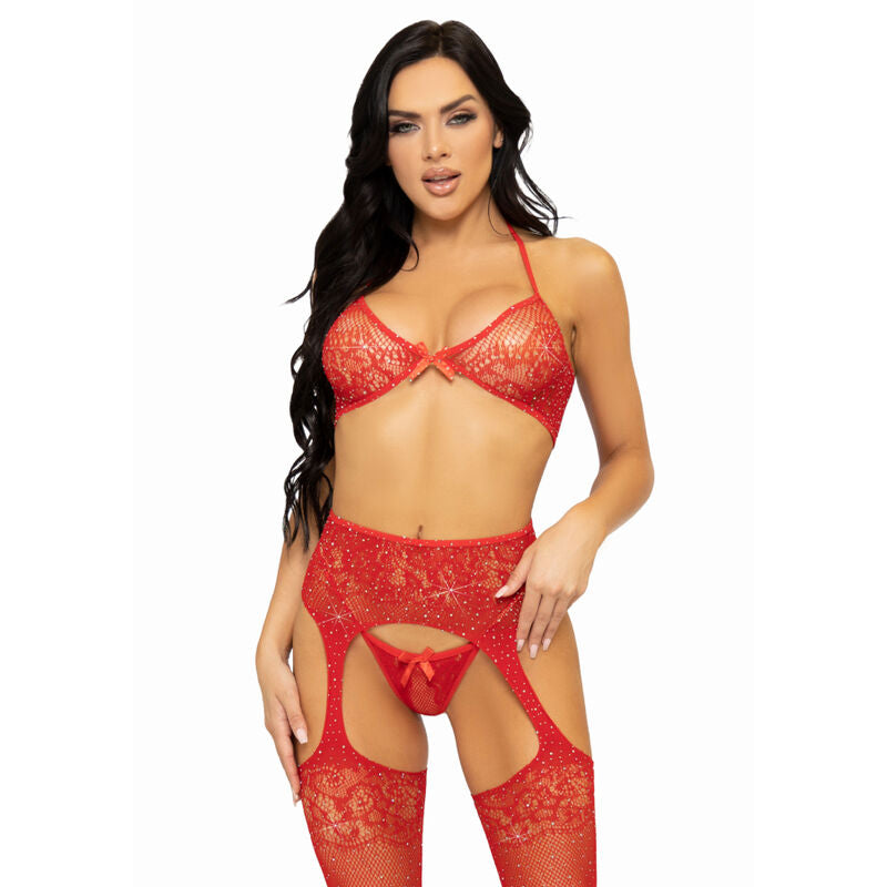 LEG AVENUE - DREITEILIGES SET BH, STRING UND STRÜMPFE ONE SIZE - SCHWARZ