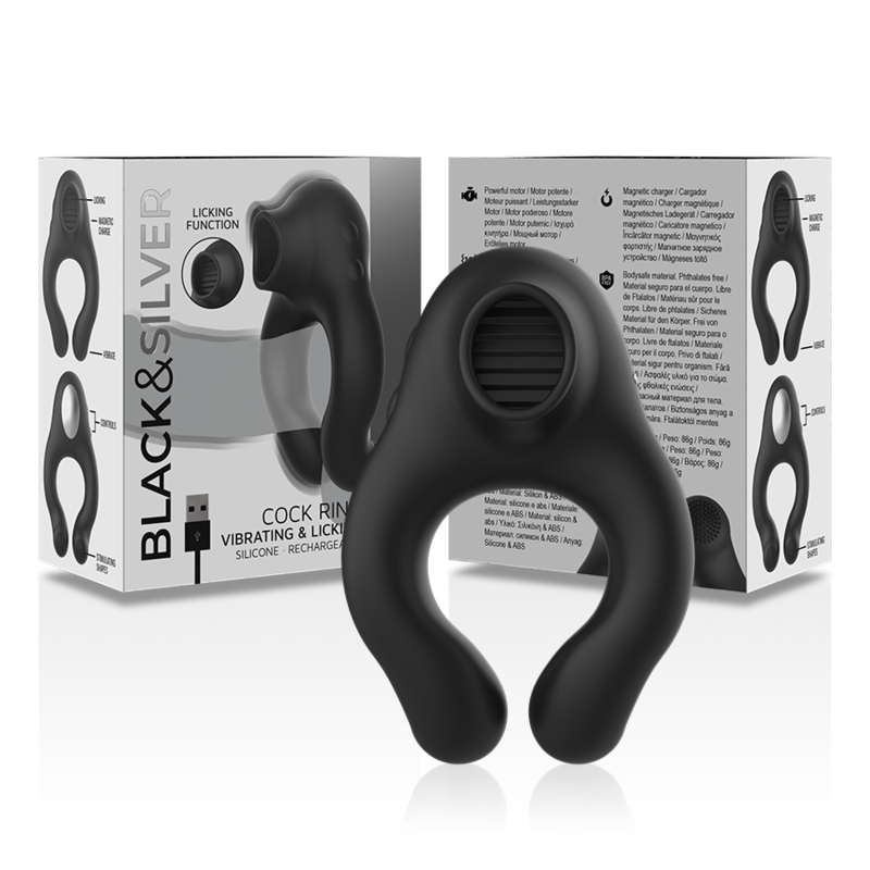 BLACK&SILVER - SILICONE Sensory Device RING 3 MOTORS RECHARGEABLE BLACK