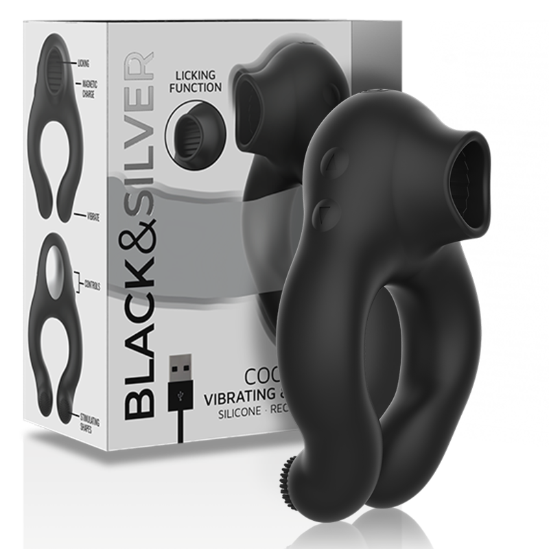BLACK&SILVER - SILICONE Sensory Device RING 3 MOTORS RECHARGEABLE BLACK