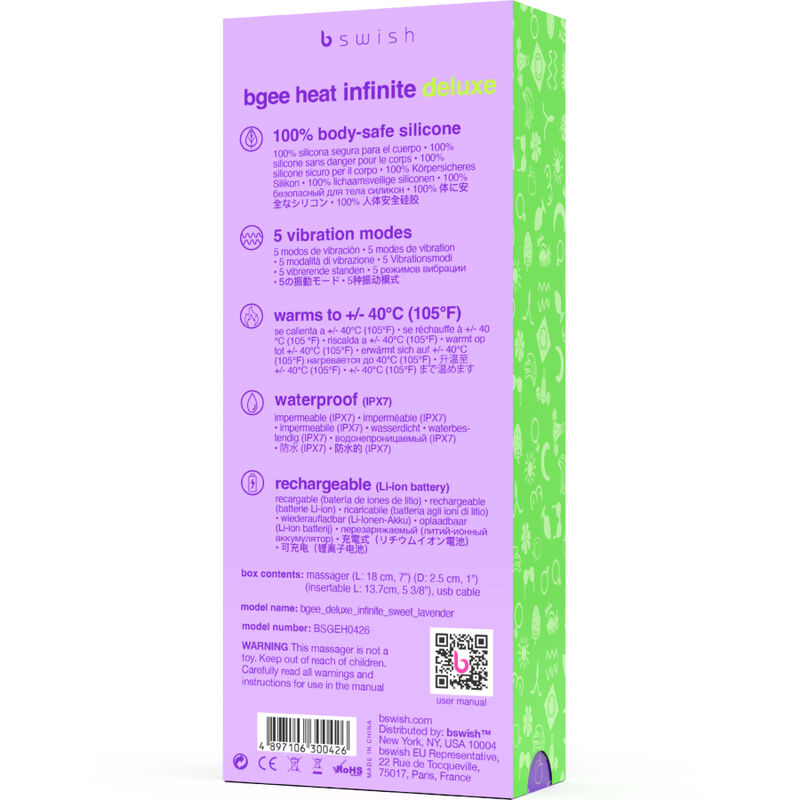 B SWISH - BGEE HEAT INFINITE DELUXE RECHARGEABLE Sensory Device LAVENDER SILICONE