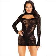LEG AVENUE - MINIKLEID MIT SPITZEN LANGARM SCHWARZ
