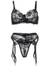 SUBBLIME - SET OF 3 PIECES BRA + THONG + GARTER FLORAL PRINT BLACK S/M
