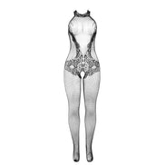 SUBBLIME - 951801 FISHNET AND LACE CROTCHLESS BODYSTOCKING WITH HIGH NECK BLACK ONE SIZE