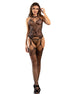 SUBBLIME - 952136 FISHNET CROTCHLESS BODYSTOCKING WITH FLORAL DETAILS AND BLACK HALTER NECK ONE SIZE