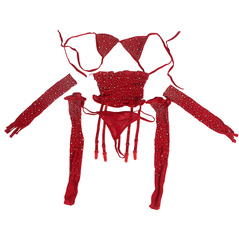 SUBBLIME - 952181 FISCHNETZ-BODY MIT HANDSCHUHEN UND DIAMANTEN ROT ONE SIZE