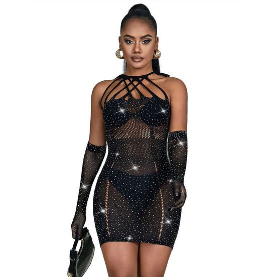 SUBBLIME - 952235 FISCHNETZ-KLEID MIT STRASS  SCHWARZ EINHEITSGRÖSSE