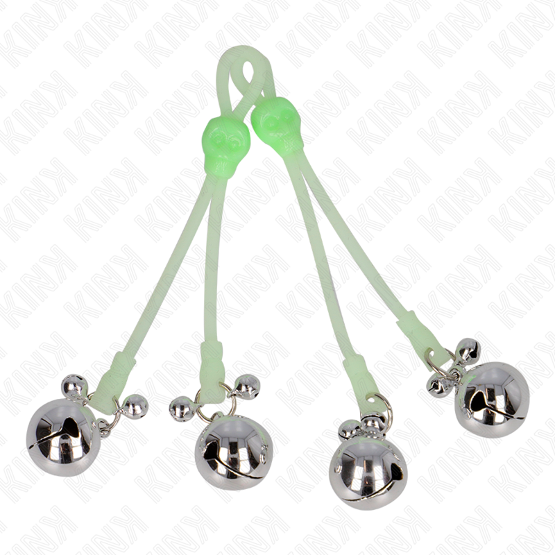 KINK - LUMINOUS SKULL NIPPELKLEMMEN MIT RINGGLÖCKCHEN VERSTELLBAR GRÜN / SILBER