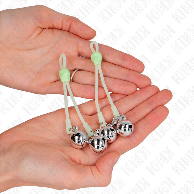 KINK - LUMINOUS SKULL NIPPELKLEMMEN MIT RINGGLÖCKCHEN VERSTELLBAR GRÜN / SILBER