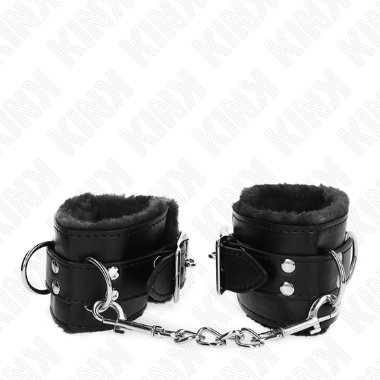 KINK - PELZGEFÜTTERTE HANDFESSELN SCHWARZ MIT SCHWARZEM RIEMEN VERSTELLBAR 17-29 CM X 6 CM