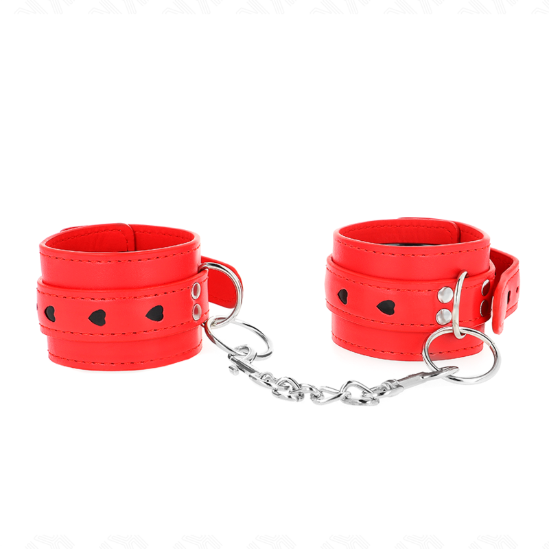 KINK - ROTE HANDFESSELN MIT SCHWARZEM HERZEINSATZ, VERSTELLBAR 21-28 CM X 5,5 CM