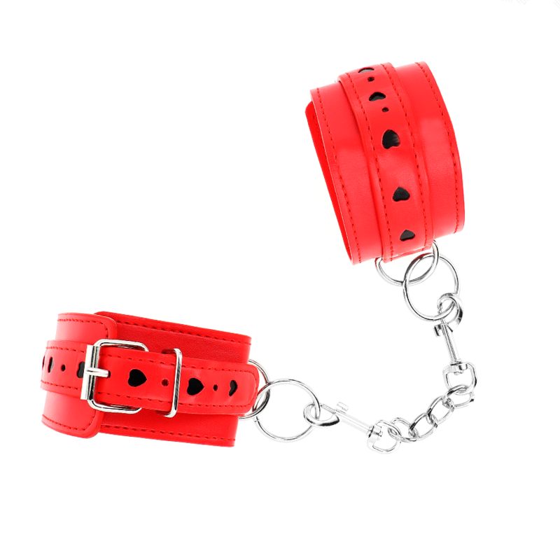 KINK - ROTE HANDFESSELN MIT SCHWARZEM HERZEINSATZ, VERSTELLBAR 21-28 CM X 5,5 CM