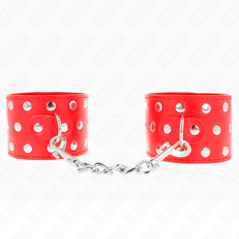 KINK – HANDFESSELN MIT DRUCKVERSCHLUSS VOLL MIT NIETEN ROT VERSTELLBAR 19-24 CM X 5,5 CM