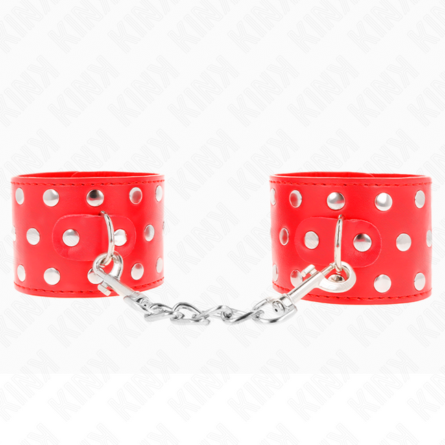 KINK – HANDFESSELN MIT DRUCKVERSCHLUSS VOLL MIT NIETEN ROT VERSTELLBAR 19-24 CM X 5,5 CM