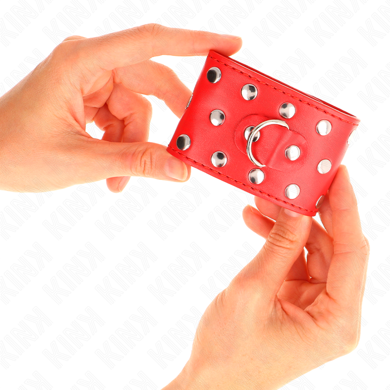 KINK – HANDFESSELN MIT DRUCKVERSCHLUSS VOLL MIT NIETEN ROT VERSTELLBAR 19-24 CM X 5,5 CM