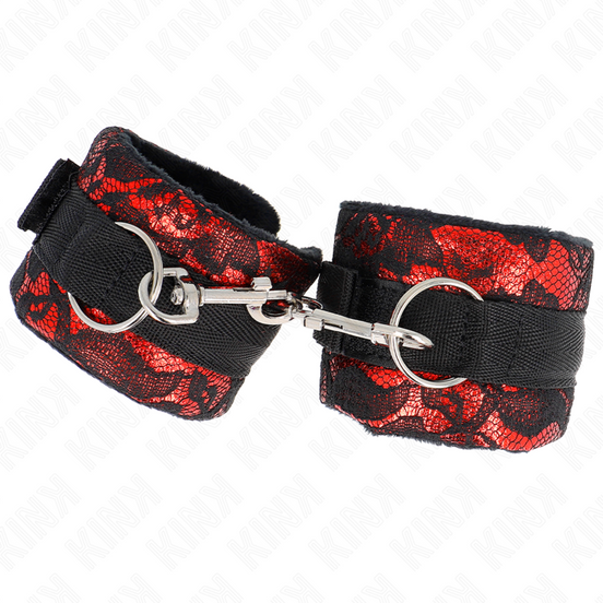 KINK - KURZE SAMT-SPITZEN-HANDGELENKFIXIERUNGEN UND NYLON-BINDER ROT/SCHWARZ 23 X 6,5 CM
