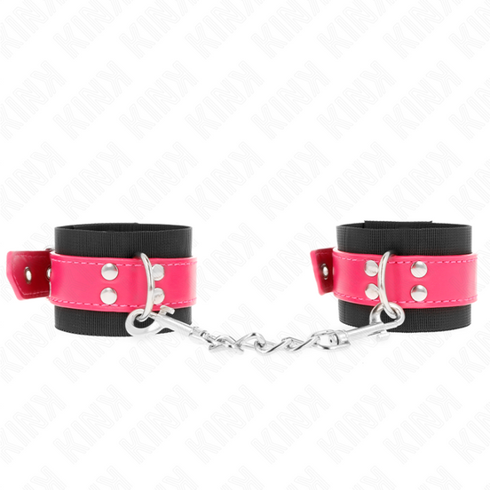 KINK - NYLON HANDSCHELLEN SCHWARZ MIT KUNSTLEDERBAND HIMBEERROSA VERSTELLBAR 19-29 CM X 5,1 CM