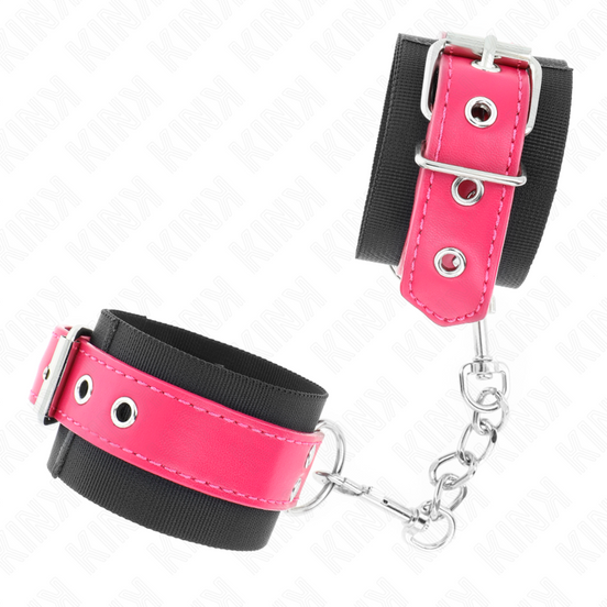 KINK - NYLON HANDSCHELLEN SCHWARZ MIT KUNSTLEDERBAND HIMBEERROSA VERSTELLBAR 19-29 CM X 5,1 CM