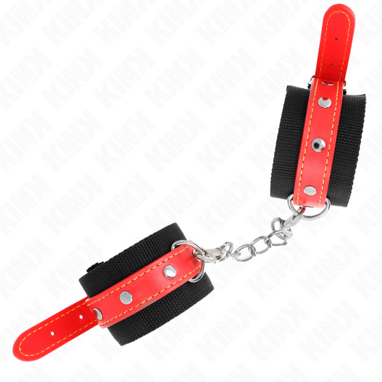 KINK - NYLON HANDSCHELLEN SCHWARZ MIT KUNSTLEDER ROT VERSTELLBAR 19-24 CM X 5.5 CM