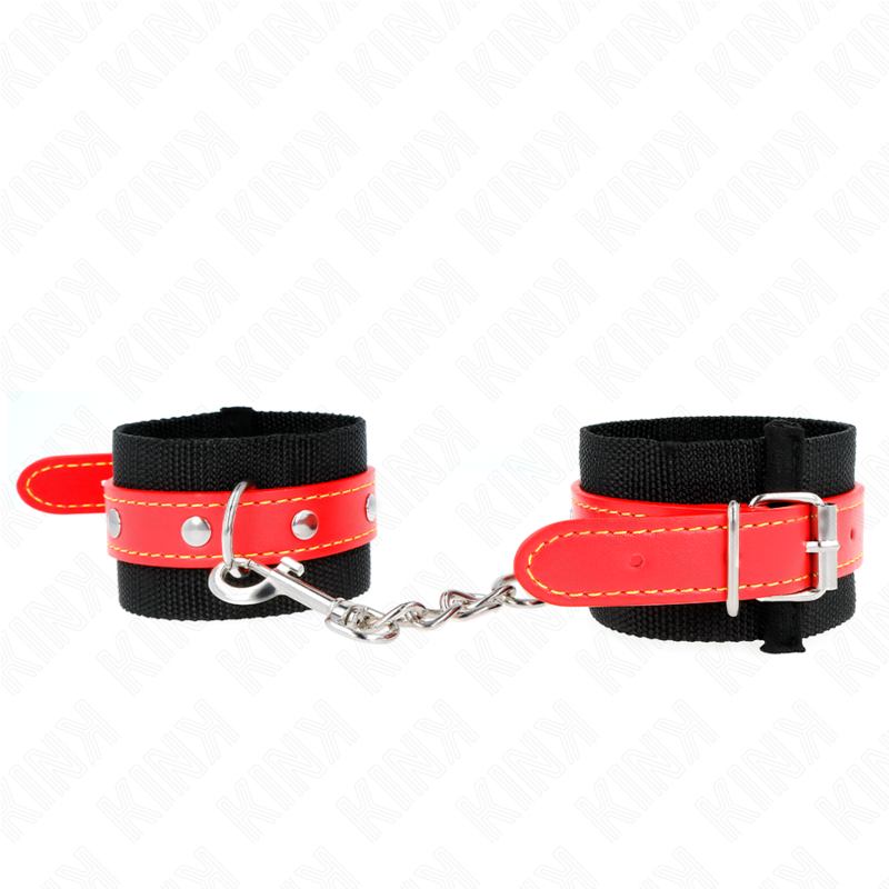 KINK - NYLON HANDSCHELLEN SCHWARZ MIT KUNSTLEDER ROT VERSTELLBAR 19-24 CM X 5.5 CM
