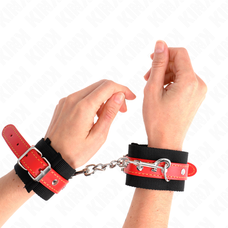 KINK - NYLON HANDSCHELLEN SCHWARZ MIT KUNSTLEDER ROT VERSTELLBAR 19-24 CM X 5.5 CM