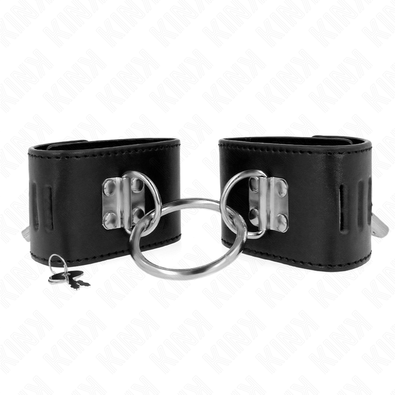 KINK - Feste Handgelenksfesseln mit Ring und Vorhängeschloss, Schwarz, verstellbar 16-23 cm x 5,5 cm