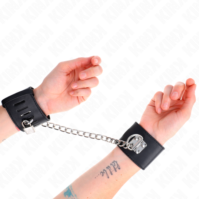 KINK - FIXIERTE HANDGELENK-FESSELN MIT KETTE 30 CM UND VORHÄNGESCHLOSS SCHWARZ VERSTELLBAR 16-23 CM X 5.5 CM