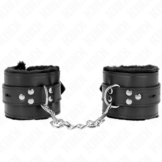 KINK - Pelzgefütterte Handfesseln mit eckigen Löchern, Schwarz und schwarzer Riemen, verstellbar 17-29 cm x 6 cm