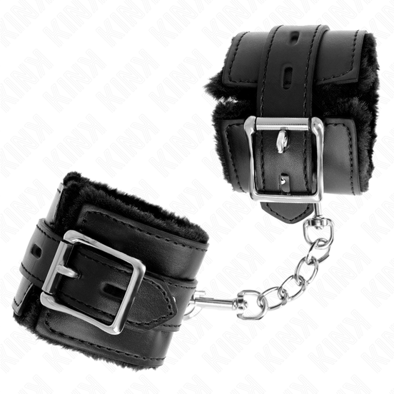KINK - Pelzgefütterte Handfesseln mit eckigen Löchern, Schwarz und schwarzer Riemen, verstellbar 17-29 cm x 6 cm