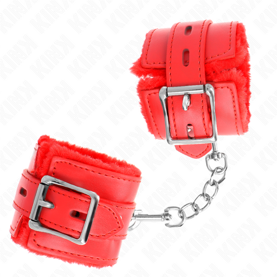 KINK - PELZGEFÜTTERTE HANDFESSELN MIT ECKIGEN LÖCHERN ROT UND ROZTER GURT VERSTELLBAR 17-29 CM X 6 CM