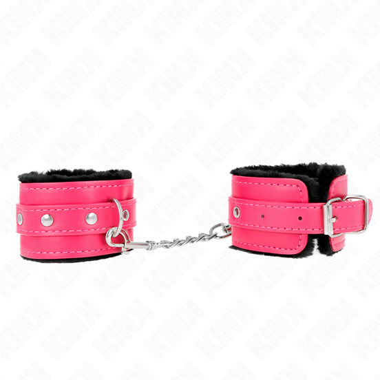 KINK - PREMIUM PELZGEFÜTTERTE HANDFESSELN SCHWARZ MIT HIMBEERROSEN-RIEMEN VERSTELLBAR 17-29 CM X 6 CM
