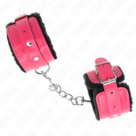 KINK - PREMIUM PELZGEFÜTTERTE HANDFESSELN SCHWARZ MIT HIMBEERROSEN-RIEMEN VERSTELLBAR 17-29 CM X 6 CM