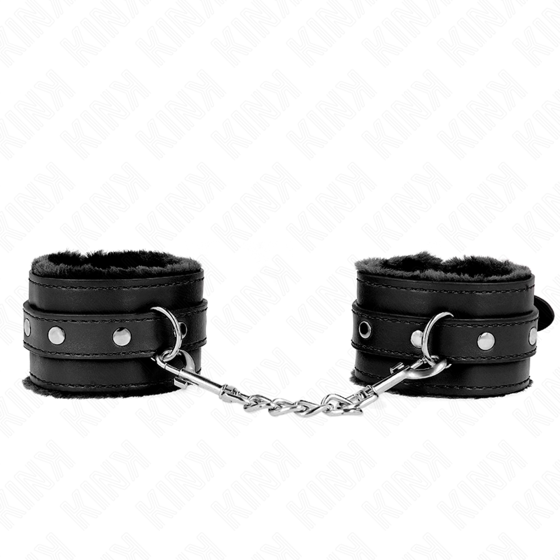 KINK – PREMIUM PELZGEFÜTTERTE HANDFESSELN SCHWARZ MIT SCHWARZEM RIEMEN VERSTELLBAR 17–29 CM X 6 CM