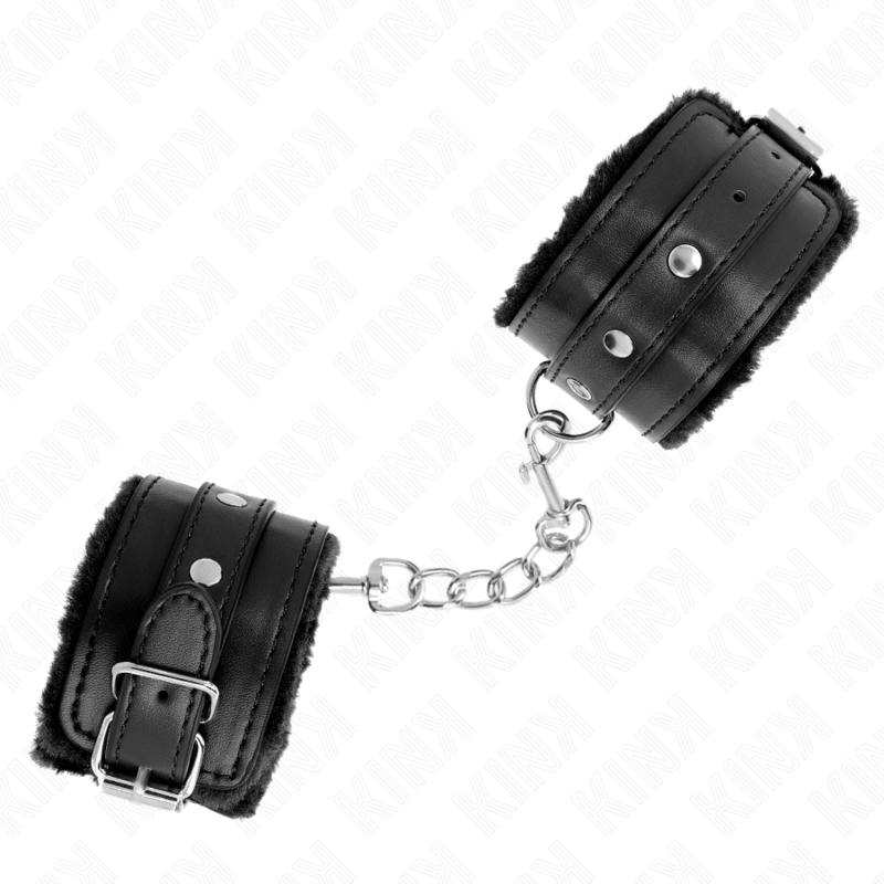 KINK – PREMIUM PELZGEFÜTTERTE HANDFESSELN SCHWARZ MIT SCHWARZEM RIEMEN VERSTELLBAR 17–29 CM X 6 CM