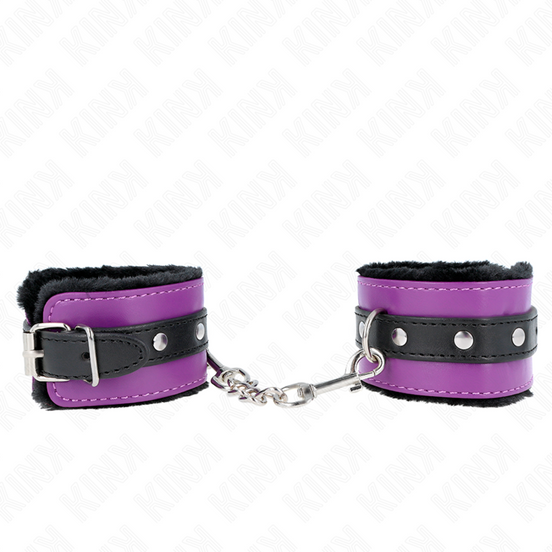 KINK - PREMIUM PELZGEFÜTTERTE HANDFESSELN SCHWARZ MIT VIOLETT / SCHWARZER GURT VERSTELLBAR 17-29 CM X 6 CM