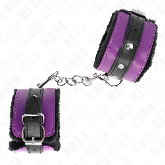 KINK - PREMIUM PELZGEFÜTTERTE HANDFESSELN SCHWARZ MIT VIOLETT / SCHWARZER GURT VERSTELLBAR 17-29 CM X 6 CM