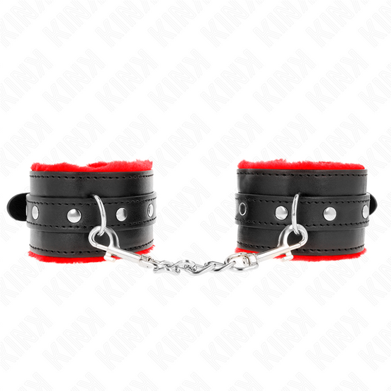 KINK – HOCHWERTIGE PELZGEFÜTTERTE HANDFESSELN ROT MIT SCHWARZEM RIEMEN VERSTELLBAR 17–29 CM X 6 CM
