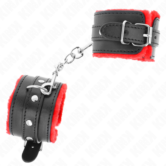 KINK – HOCHWERTIGE PELZGEFÜTTERTE HANDFESSELN ROT MIT SCHWARZEM RIEMEN VERSTELLBAR 17–29 CM X 6 CM