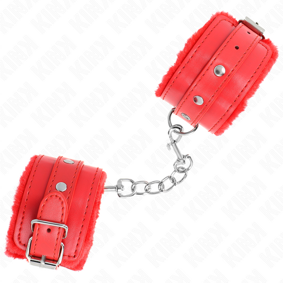 KINK - HOCHWERTIGE PELZGEFÜTTERTE HANDFESSELN ROT MIT ROTEM RIEMEN VERSTELLBAR 17-29 CM X 6 CM
