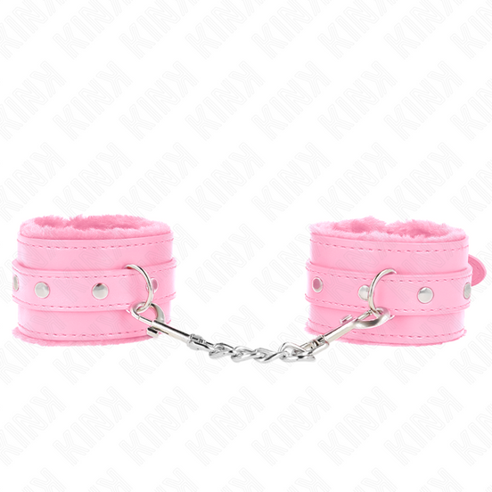 KINK - PREMIUM PELZGEFÜTTERTE HANDFESSELN PINK MIT PINKEM GÜRTEL VERSTELLBAR 17-29 CM X 6 CM