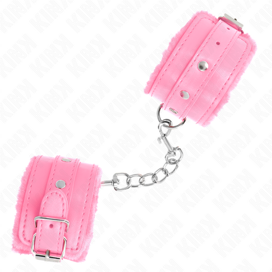 KINK - PREMIUM PELZGEFÜTTERTE HANDFESSELN PINK MIT PINKEM GÜRTEL VERSTELLBAR 17-29 CM X 6 CM
