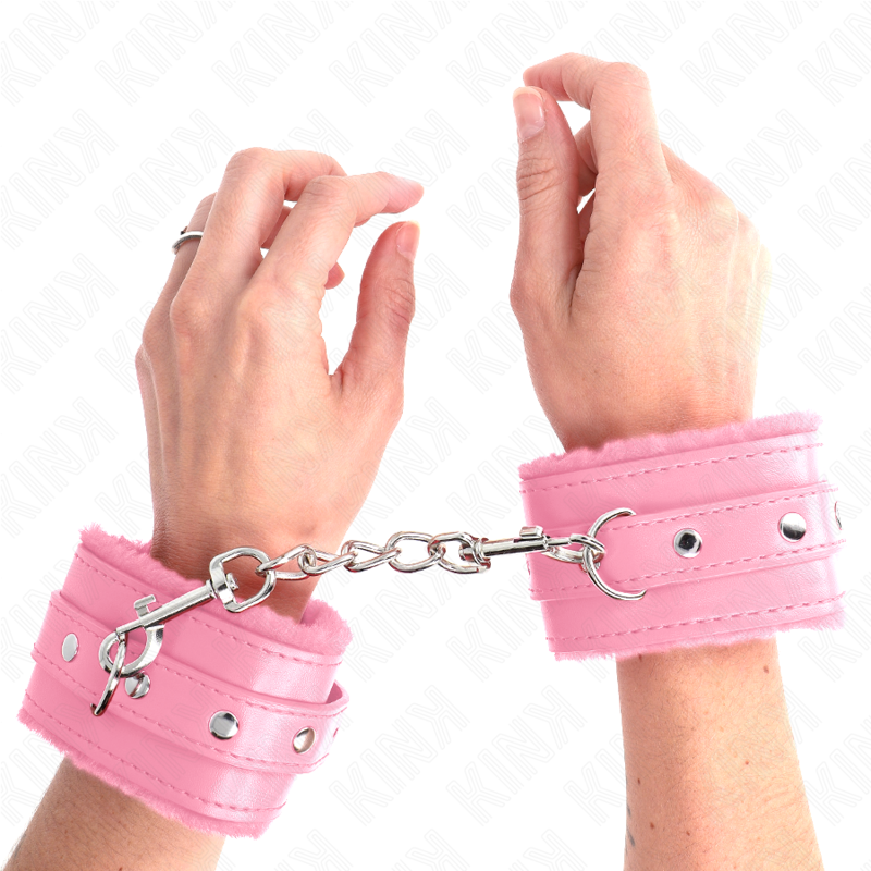 KINK - PREMIUM PELZGEFÜTTERTE HANDFESSELN PINK MIT PINKEM GÜRTEL VERSTELLBAR 17-29 CM X 6 CM