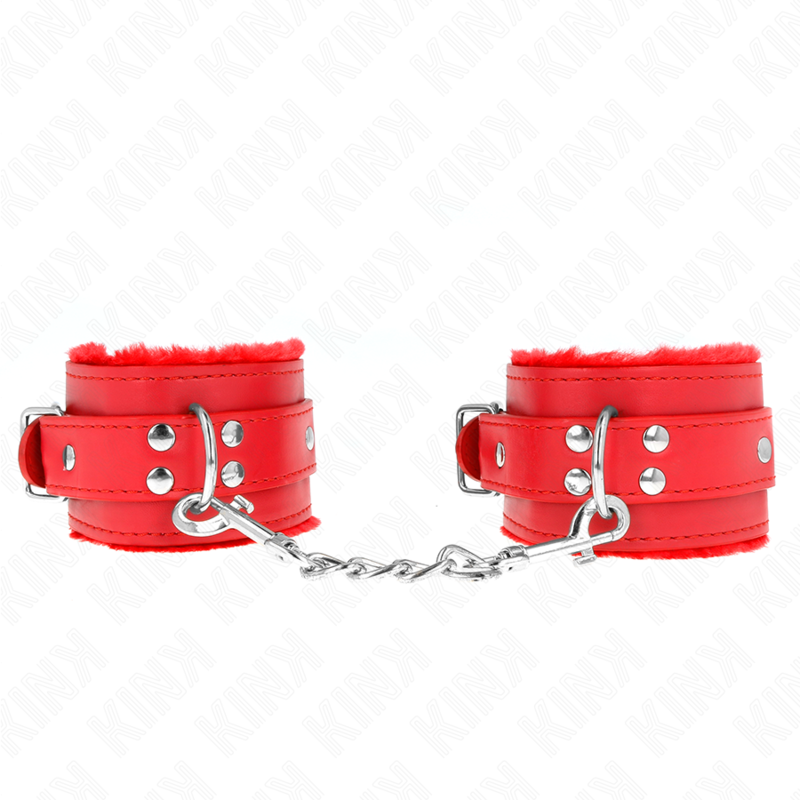 KINK - Pelzgefütterte Handfesseln Rot mit rotem Riemen Verstellbar 17-29 cm x 6 cm