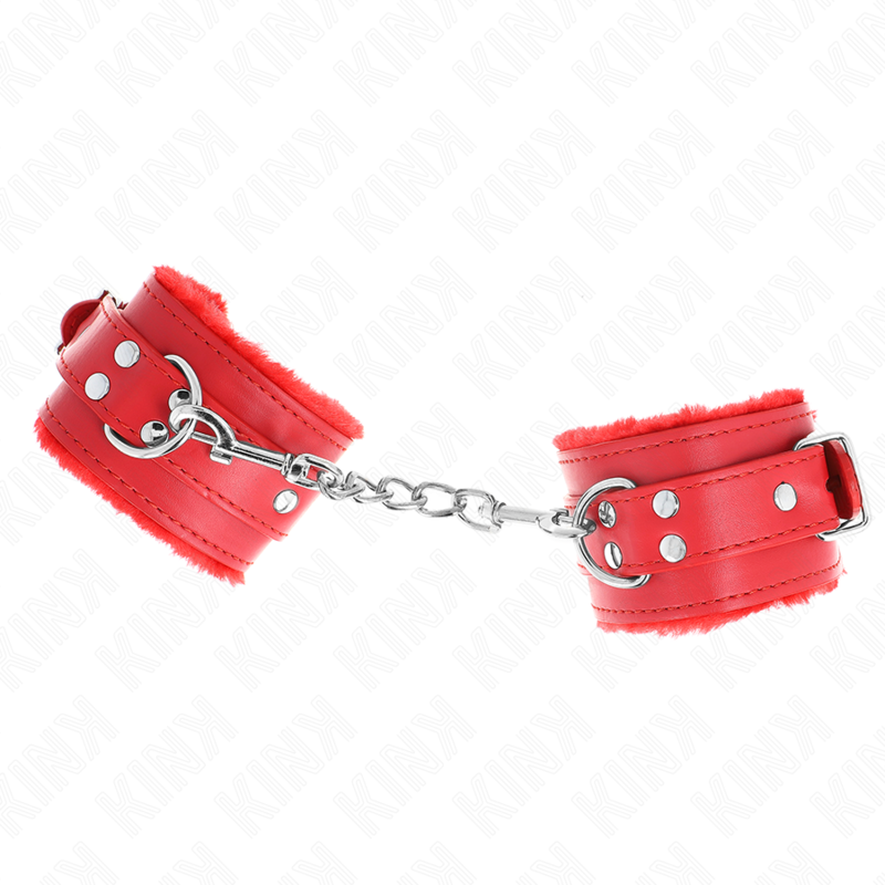 KINK - Pelzgefütterte Handfesseln Rot mit rotem Riemen Verstellbar 17-29 cm x 6 cm