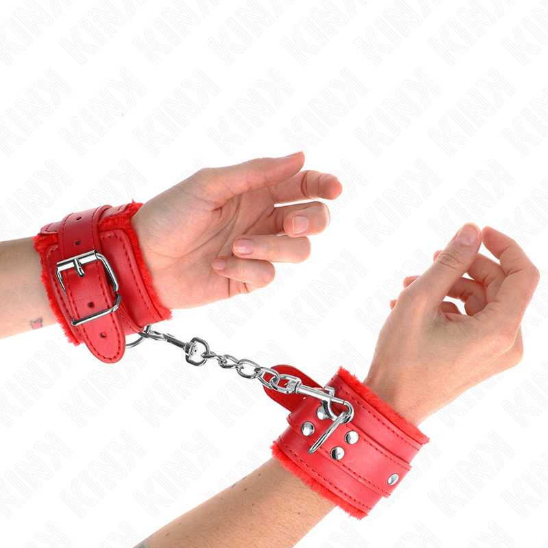 KINK - Pelzgefütterte Handfesseln Rot mit rotem Riemen Verstellbar 17-29 cm x 6 cm