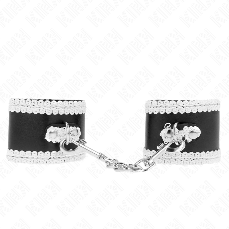 KINK - SCHWARZE HANDGELENK-FESSELN MIT WEISSER DEKORATIVER SPITZE VERSTELLBAR 20-23 CM X 5.5 CM