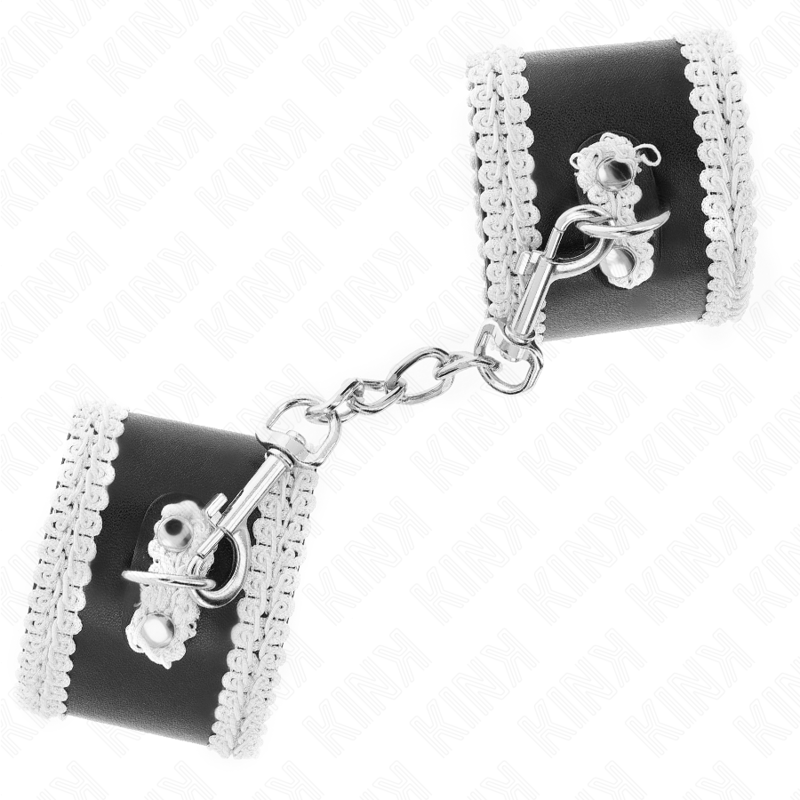 KINK - SCHWARZE HANDGELENK-FESSELN MIT WEISSER DEKORATIVER SPITZE VERSTELLBAR 20-23 CM X 5.5 CM