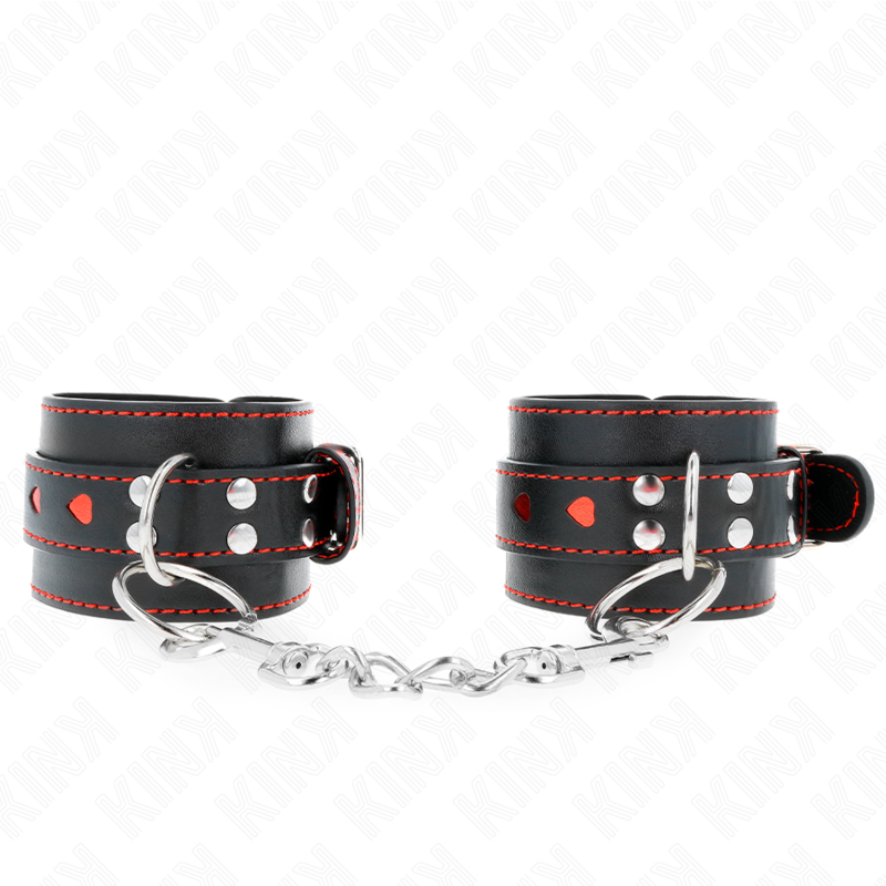 KINK - SCHWARZE HANDGELENKSFESSELN MIT ROTER HERZEINLAGE VERSTELLBAR 21-28 CM X 5.5 CM